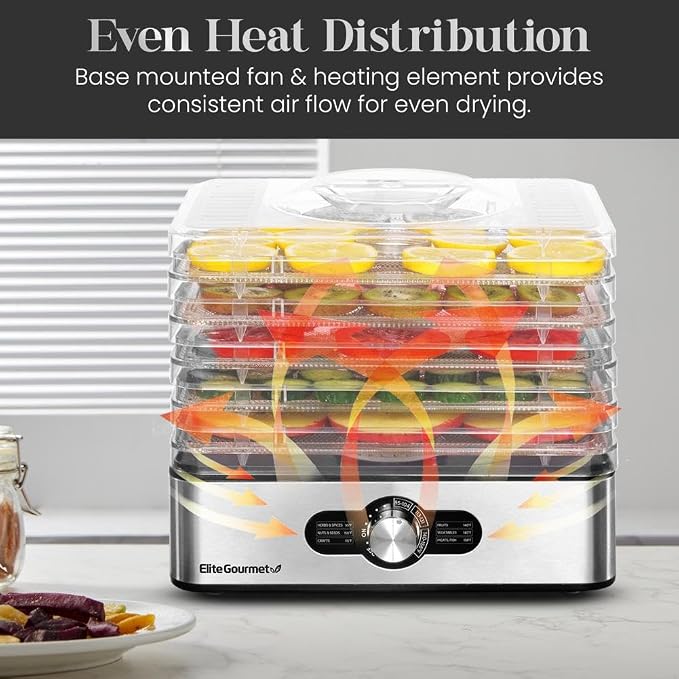 Elite Gourmet EFD3321 Food Dehydrator, Stainless Steel Trays & Finish | Adjustable temperature controls - makes jerky, herbs, fruit & veggies into dried snacks - doubles for meat & herb drying too