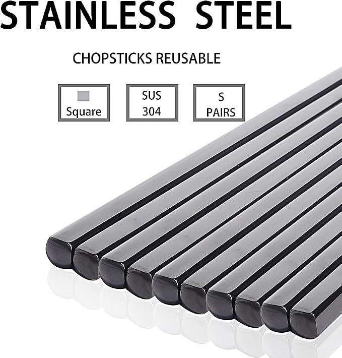 Metal Chopsticks Reusable Black Titanium Plated Stainless Steel Chopstick Dishwasher Safe Chop Sticks Japanese Korean Square Chopsticks 9.5Inches Non-Slip for Beginners Food Cooking 5 pairs Gift Set