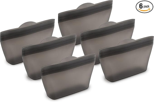 Home Logic Reusable Snack Bags - Set of 6 Alloy Grey Silicone Freezer Bags, Airtight Leak Resistant Reusable Zip Bags for Kitchen Home Food Prep, Microwave & Sous Vide Safe