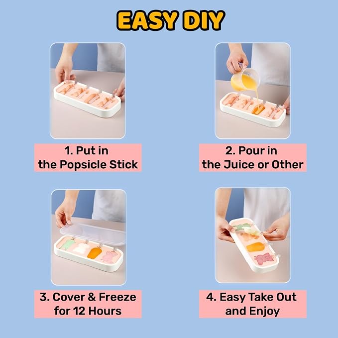 Cartoon Shape Popsicles Molds 3Pcs Cute Ice Cream Mold Maker Easy-Release Homemade Ice Pop Tray Silicone with Lid & Stick (Fruit+Fruit+Fruit)…