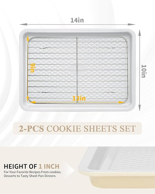 Nonstick Ceramic Baking Sheet with Rack, 2-Pack 13x9 Quarter Sheet Pan, Non-Toxic, PTFE & PFOA Free, Warp-Free, Oven Safe 550°F, Dishwasher Safe, Aluminized Steel, Gray Yellow