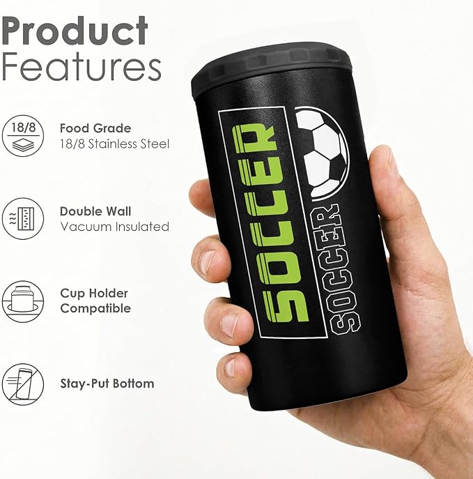 Soccer Can Cooler Stainless Steel 12oz, Insulated Tumbler for Men Brother Buddy Players, Travel Cans Koozie, Sport Gift for Birthday, Christmas
