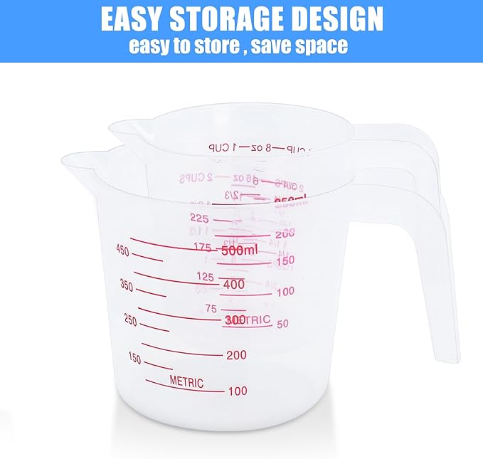 DTDNZKN 2 Pack Measuring Cup Set, 250ml (1-Cup) and 500ml (2-Cup) | Plastic Liquid Measuring Cups- Baking, Cooking, Mixing & Measuring Cups, Essential Kitchen Tools
