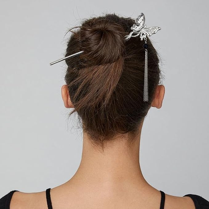 6PCS Chinese Hair Sticks Set, Black Japanese Hair Stick with Pearl Flower Butterfly Design Metal Hair Chopsticks Hair Bun Updo Holders Long Thick Hair Accessories for Women