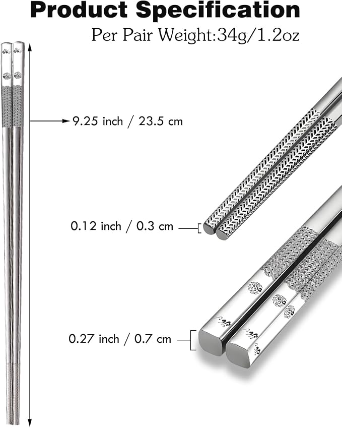 Metal Chopsticks Reusable 5 Pairs 18/8 Stainless Steel Chopsticks Sea Wave | Dishwasher Safe,Non-Slip Grip,Good for Beginners,Come in a Gift Box,SUS304 Resistant to Rust,Square,Chop Sticks Silver,9.25''