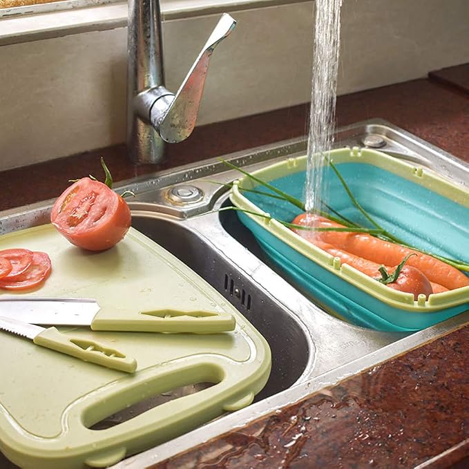 Camping Cutting Board, HI NINGER Collapsible Chopping Board with Colander, 9-In-1 Multi Chopping Board Kitchen Vegetable Washing Basket for Camping,Camping Gifts Camping Accessories for RV Campers