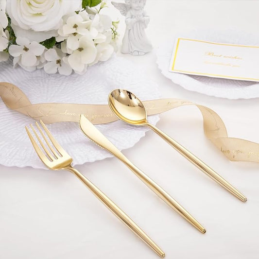 SUT 150PCS Gold Plastic Silverware, Plastic Utensils,Gold Silverware Disposable,Disposable Utensils Heavy Duty,Plastic Cutlery Set,Includes:50 Knives, Forks and Spoons for Party, Birthday,Wedding