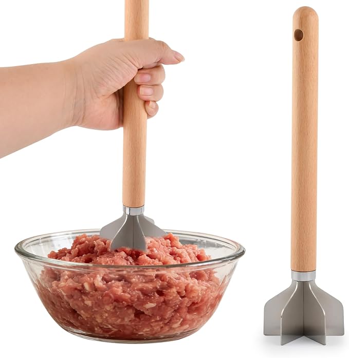Stainless Steel Meat Chopper with Wooden Handle, 11inch Meat Masher and Tenderizer, Ground Beef Chopper Tool, Hamburger Smasher Tool