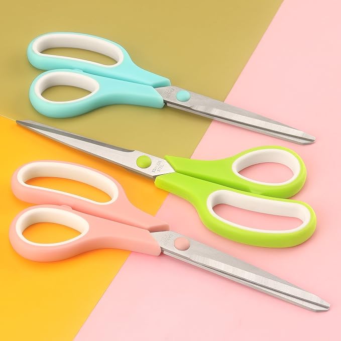 LONGKEY 8.5" Pastel Scissors 3-Pack, Ultra Sharp Stainless Steel | Scissors for Office Home School, Soft Comfort-Grip Right/Left Hand