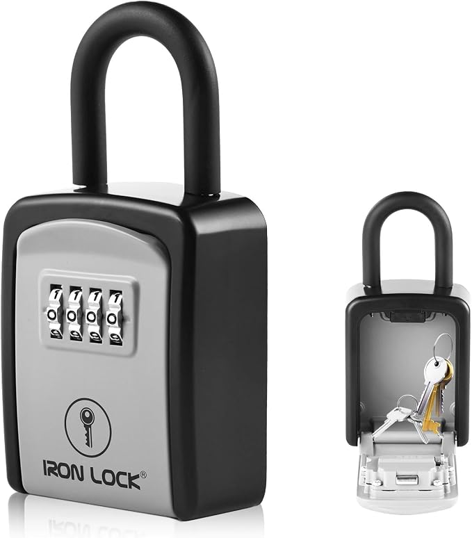 Iron Lock® Small Portable Key Lock Box with Code, U-Shackle (Small, Grey) | U-shackle opens fully out to loop over a handle, gate, latch or rail; rolling combination dials, no app, no battery