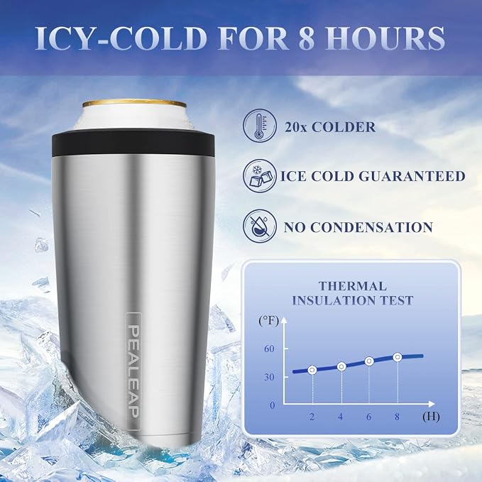 Pealeap 4-in-1 Insulated Slim Can Cooler for All 12oz Cans & Beer Bottles | Double-walled Stainless Steel Vacuum Can Cozy | Keep 8Hrs Cold | Universal Fits 12oz Drinks | No Sweat | Cup Holder Friendly