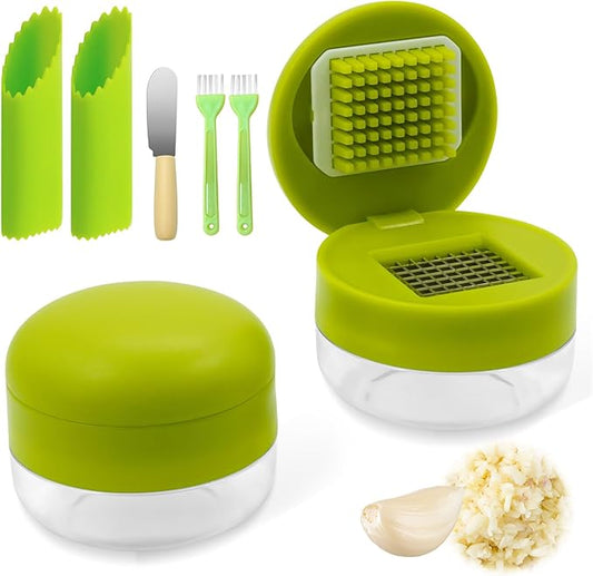 2 Pcs Garlic Press Stainless Steel,Mini Garlic Chopper,with Peeler，Cleaning Brush and Scrapers