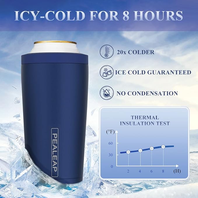 Pealeap 4-in-1 Insulated Slim Can Cooler for All 12oz Cans & Beer Bottles | Double-walled Stainless Steel Vacuum Can Cozy | Keep 8Hrs Cold | Universal Fits 12oz Drinks | No Sweat | Cup Holder Friendly
