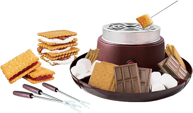 Zunate 2 in 1 Electric Smores Maker Fondue Pot, Indoor Tabletop Roaster with 4 Stainless Steel Forks Detachable Trays for Family Parties, Game Nights Desserts (US Plug 110V)