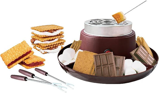 Zunate 2 in 1 Electric Smores Maker Fondue Pot, Indoor Tabletop Roaster with 4 Stainless Steel Forks Detachable Trays for Family Parties, Game Nights Desserts (US Plug 110V)