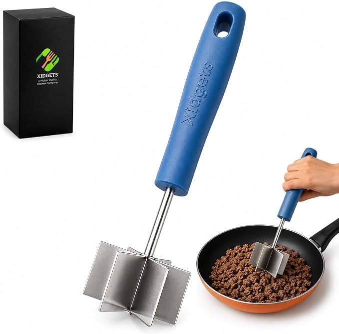 Stainless Steel Meat Chopper & Masher, 6-Blade, Soft Grip, Dishwasher Safe