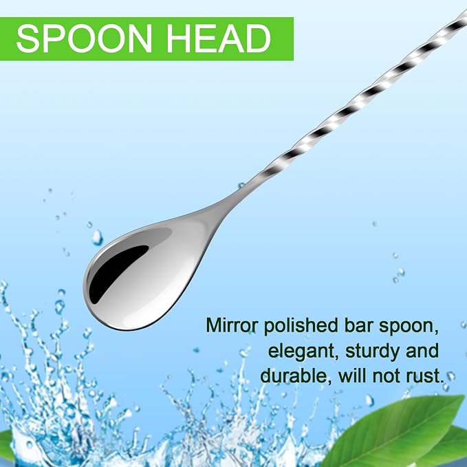 BRIOUT 2 Pcs Bar Spoon, 12 Inches Long Handle Drink Stirrer, Stainless Steel Bar Cocktail Mixing Spoons with Double Ended Design for Stirring, Silver