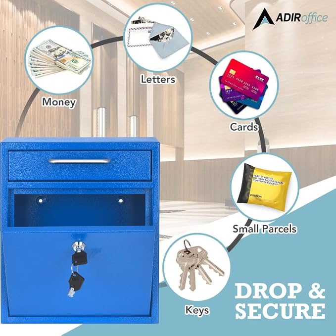 AdirOffice Wall Mount Mailbox - Mailbox with Lock and Keys- Durable Wall Mounted Locking Mailbox and Cash Drop Box for House, Apartments and Bussiness After Hours Deposits