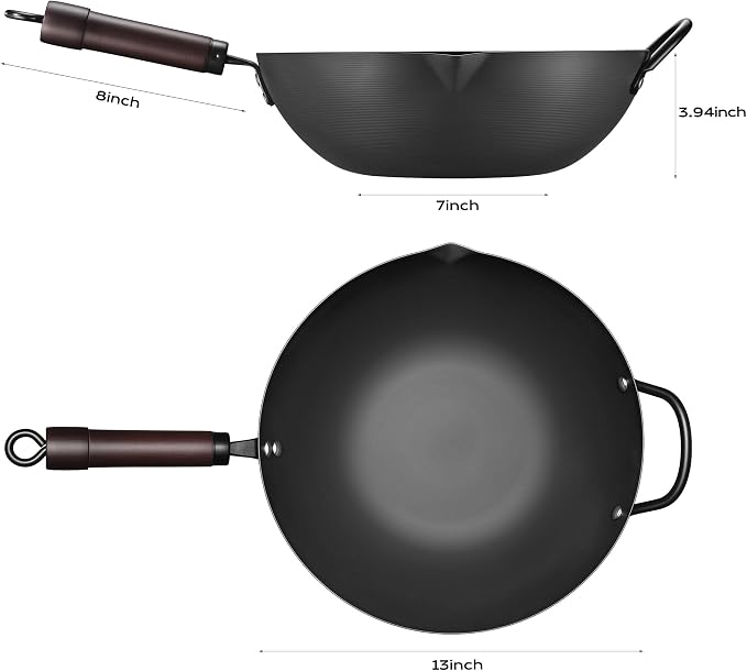 FGJ Wok, 13 Inch Carbon Steel Wok Pan Set 6PCS & Stir-fry Pans Nonstick, Pre-Seasoned 5.8QT Flat Bottom Chinese Woks Roasting Pan Set, Carbon Steel Cookware, Compatible with All Cooktops