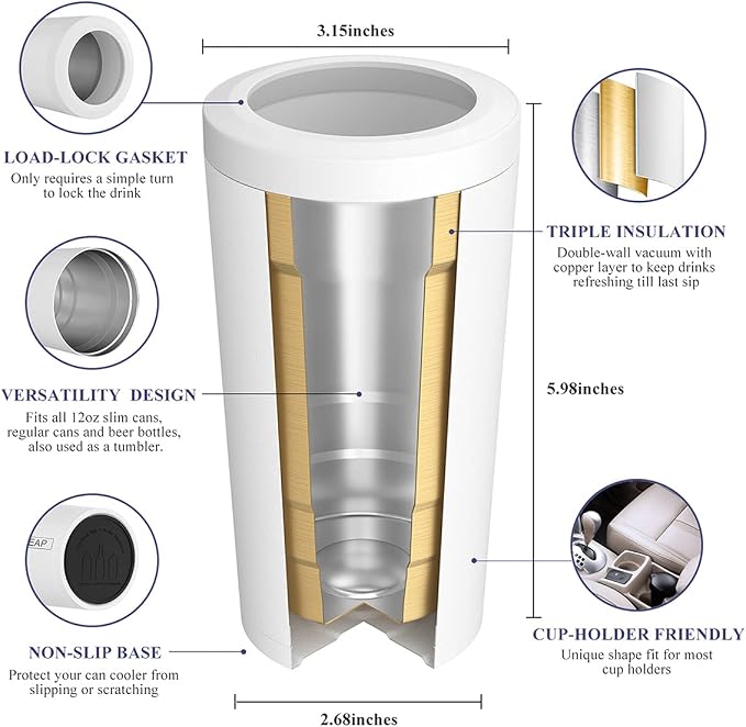 Pealeap 4-in-1 Insulated Slim Can Cooler for All 12oz Cans & Beer Bottles | Double-walled Stainless Steel Vacuum Can Cozy | Keep 8Hrs Cold | Universal Fits 12oz Drinks | No Sweat | Cup Holder Friendly