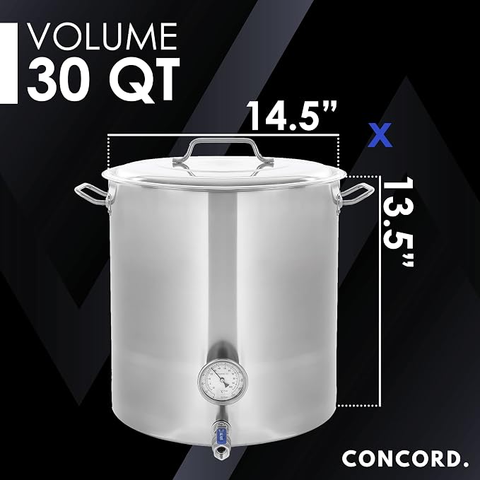 CONCORD Stainless Steel Home Brew Kettle Stock Pot (Weldless Fittings) (30 QT/ 7.5 Gal)