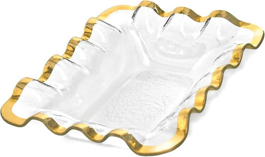 Annieglass Ruffle 10.75 x 13.5 Inch Rectangular Bowl with 24k Gold, Timeless Glass Tableware for all Occasions, Made in the USA