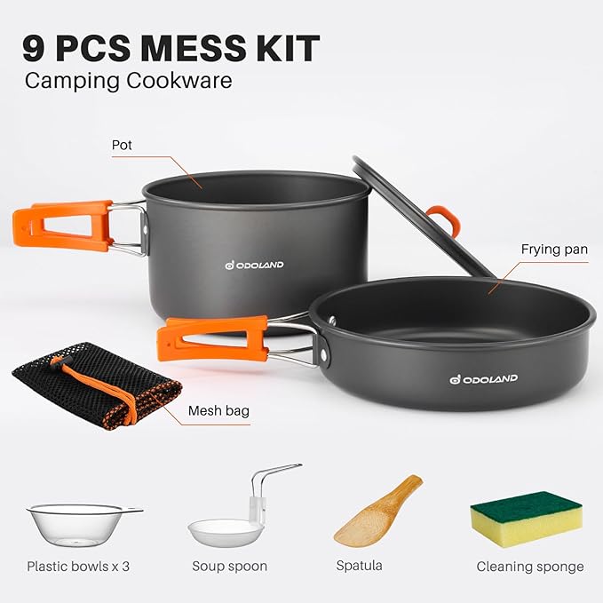 Odoland 9pcs Camping Cookware Non-Stick Lightweight Pots and Pans Set with Plastic Bowls Soup Spoon for Backpacking, Outdoor Cooking and Picnic
