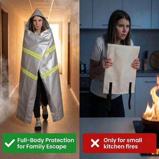 Emergency Fireproof Cloak with Hood – Silver Silicone Coated Fiberglass Fire Blanket, 59 x 63 Inches, Heat Resistant Safety Cover for Escape- fire Retardant Blanket - fire Extinguisher