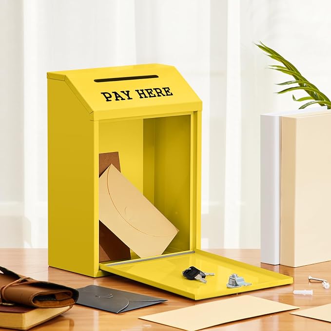Yaocom Safe Metal Cash Box for Farm Stand – Money Drop and Secure Donation Collection, Wall Mount Lockable Unit with Pre Drilled Holes for Outdoor Self Serve(Yellow,11.8 x 8.6 x 4.7 Inch)