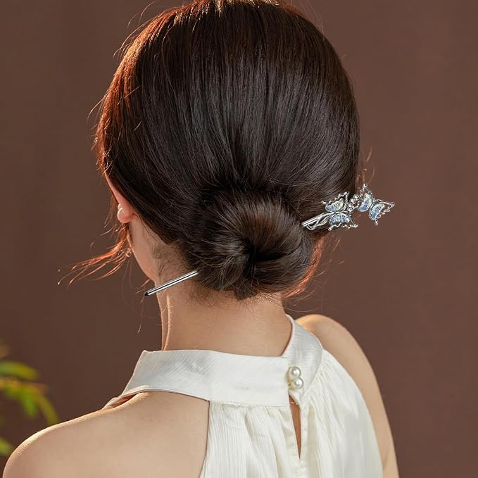 5PCS Butterfly Flower Hair Sticks for Buns Long Hair Chinese Hanfu Asian Vintage Hair Chopsticks Metal Silver Hair Bun Updo Holders Long Hairpins for Women Girls