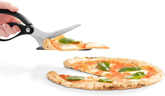 Dreamfarm Scizza 2-In-1 Easy Ergonomic Pizza Scissors with Stainless Steel Pizza Cutter Blades & Non-Stick Slice Server - Black | Cuts and serves pizza with non-scratch, heat resistant serving base, spring-loaded German stainless steel blades