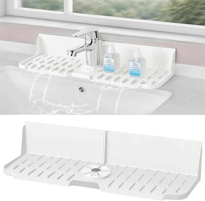 Silicone Kitchen Countertop & Sink Splash Guard, Silicone Sink Faucet Drying Mat, Faucet Mat for Kitchen Sink, 16.9” x 5.5’’ x 3.9’’ Splash Guard for Kitchen, Bathroom (Transparent)