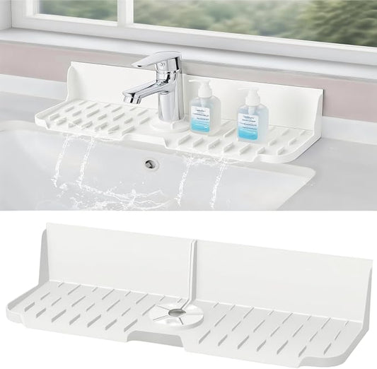 Silicone Kitchen Countertop & Sink Splash Guard, Silicone Sink Faucet Drying Mat, Faucet Mat for Kitchen Sink, 16.9” x 5.5’’ x 3.9’’ Splash Guard for Kitchen, Bathroom (Transparent)