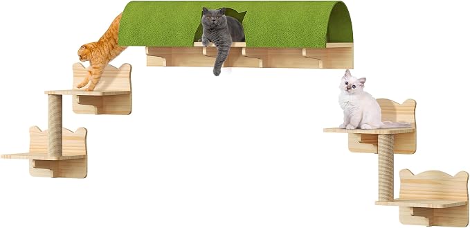 Cat Wall Shelves Set, 7-in-1 Cat Wall Furniture with Tunnel | Multi-Level Floating Cat Shelves for Space Saving, Solid Wood Cat Climbing System with Scratching Posts, Burlywood