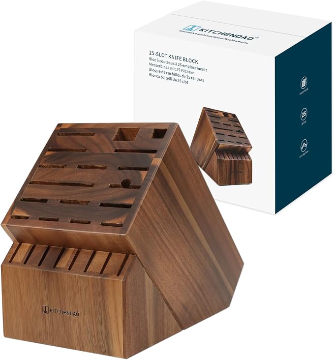 KITCHENDAO 25 Slot Acacia Wood Knife Block without Knives, Large Universal Knife Holder for Kitchen, Holding Multiple Types of Knives, Countertop Butcher Block Knife Stand for Easy Kitchen Storage