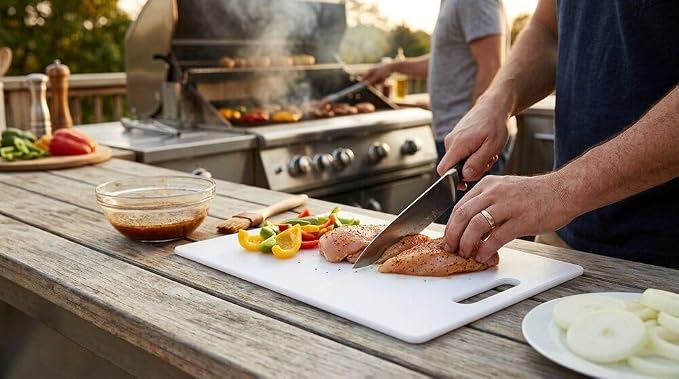 FARBERWARE Large Cutting Board, Dishwasher- Safe Plastic Chopping Board for Kitchen with Easy Grip Handle, 11in by 14in, White