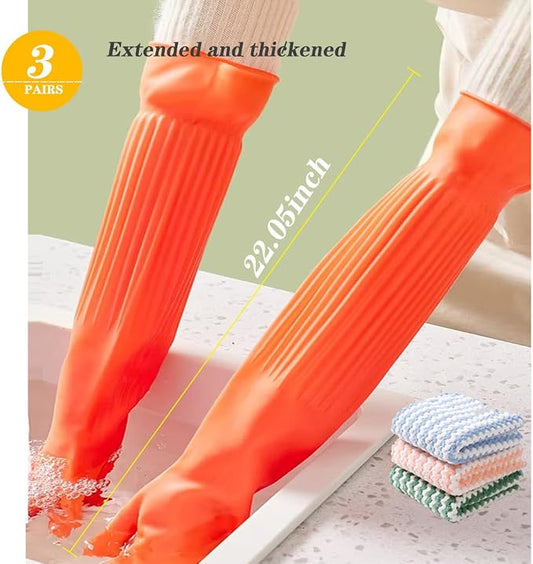 3 Pairs Household Extra Long Kitchen Gloves for Washing Dishes，20.05inches Rubber Cleaning Gloves，Reusable Latex Living Wash Gloves，Long Sleeves(Large, Red)
