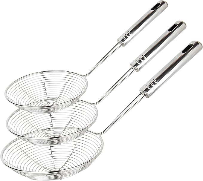 Swify Spider Strainer Set of 3 Asian Strainer Ladle Stainless Steel Wire Skimmer Spoon with Handle for Kitchen Frying Food, Pasta, Spaghetti, Noodle-30.5cm, 32cm, 35cm