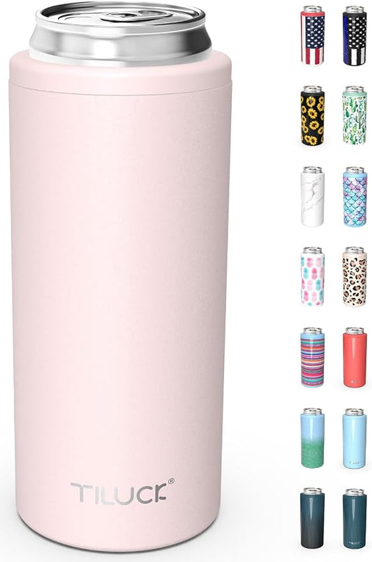 TILUCK Skinny Can Cooler, Stainless Steel Insulated Slim Cans, 12 oz | Beer & Hard Seltzer, Doucle-Walled Stainless Steel Insulated Slim Cans, Slim 12 oz(Frosted Pink)
