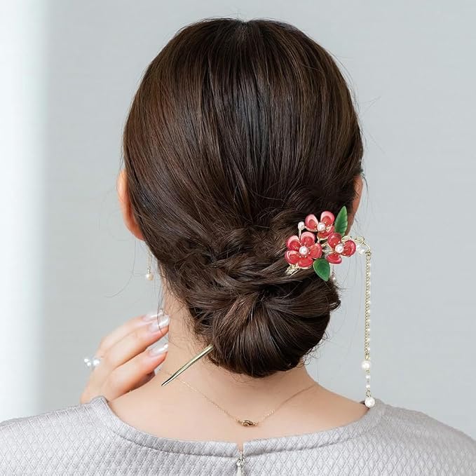 6PCS Butterfly Flower Hair Sticks for Buns Long Hair Chinese Hanfu Asian Vintage Floral Hairpins Hair Chopsticks with Pearl Tassel for Women Girls