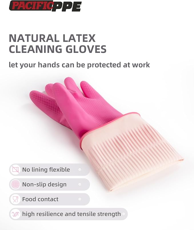 PACIFIC PPE 2 Pairs Reusable Rubber Gloves for Washing Dishes and Cleaning Tasks, Water Resistant Household Gloves for Kitchen Bathroom, Grippy Latex Dish Washing, Pink, Large
