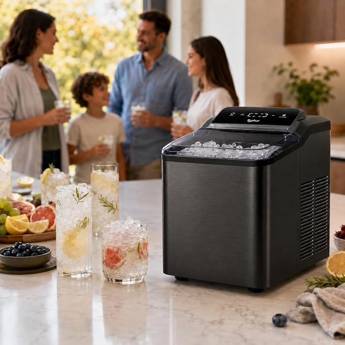 Typhur Fast Nugget Ice Maker Countertop, Chewable Pebble & Pellet Ice Machine with Self-Cleaning Pump & 8-Pack Cleaners, 35lbs/24H Crushed Ice for Kitchen, Bar, RV, Outdoor (Black Stainless Steel)