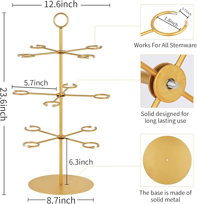 QPIX DIGITAL Champagne Tower,Metal Cocktail Tree Stand 3 Tier - 12 Holders For Champagne, Cocktails, Martini, Margarita Cups at Weddings,Bridal Parties & Events,Cocktail Glass Gold Holder
