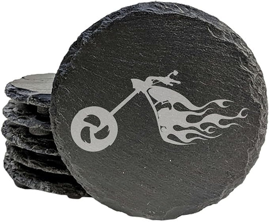 Ride The Fire: Flaming Chopper Motorcycle Coasters - Round Slate - Set of 5