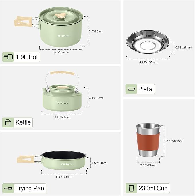 Odoland 15pcs Camping Cookware Mess Kit, 1.9L Pot, for Camping, Backpacking | Anodized aluminum, for hiking, outdoor cooking and picnic, 1.9L pot 0.8L kettle 0.86L pan mess kit, little compact pot set