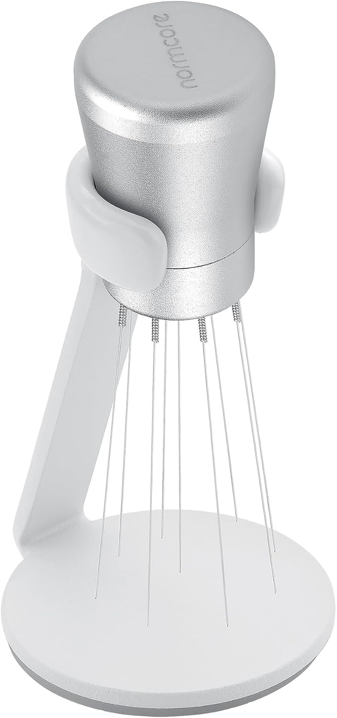 Normcore WDT Tool V2.1 with Stand, 9 Prong 0.23mm Espresso Distribution Tool, Weiss Distribution Technique, Magnetic Coffee Stirrer with 16 Extra Needles, Silver