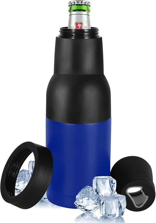 12oz Universal Beer Bottle Holder Double Walled SS Beer Can Cooler | 3 in 1 Can Koozie with Beer Opener Vacuum Insulated - fit Fishing, Camping Outdoor Activities(Royal Blue)