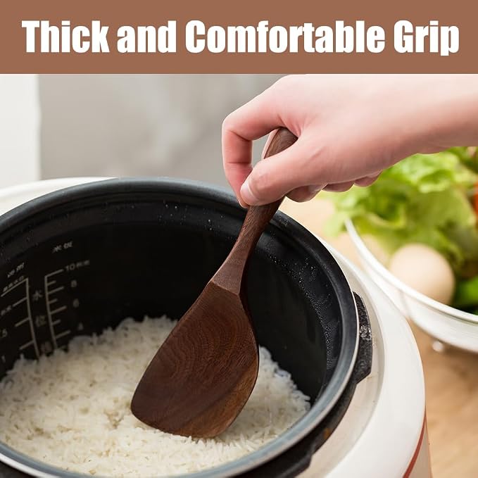 Black Walnut Wooden Cooking Spoons Set - 1 Flat + 1 Angled Rice Scooper, Durable & Eco-Friendly for Cooking & Serving - Perfect for Kitchen Enthusiasts and Gourmet Lovers