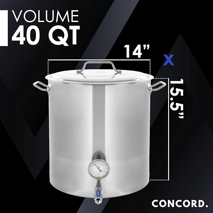 CONCORD Stainless Steel Home Brew Kettle Stock Pot (Weldless Fittings) (40 QT/ 10 Gal)