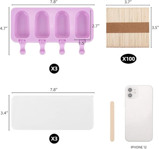 3 Set Violet Samll Popsicles Molds with Lids and 100 Pieces Wooden Popsicles Sticks, 4 Cavities Silicone Ice Cream Molds for Making Cakesicles, Cake Pops, Ice Cream - BPA Free